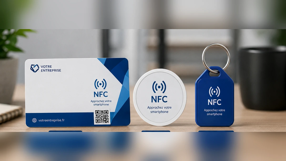 Exemples de supports NFC : cartes et stickers pour carte de visite.